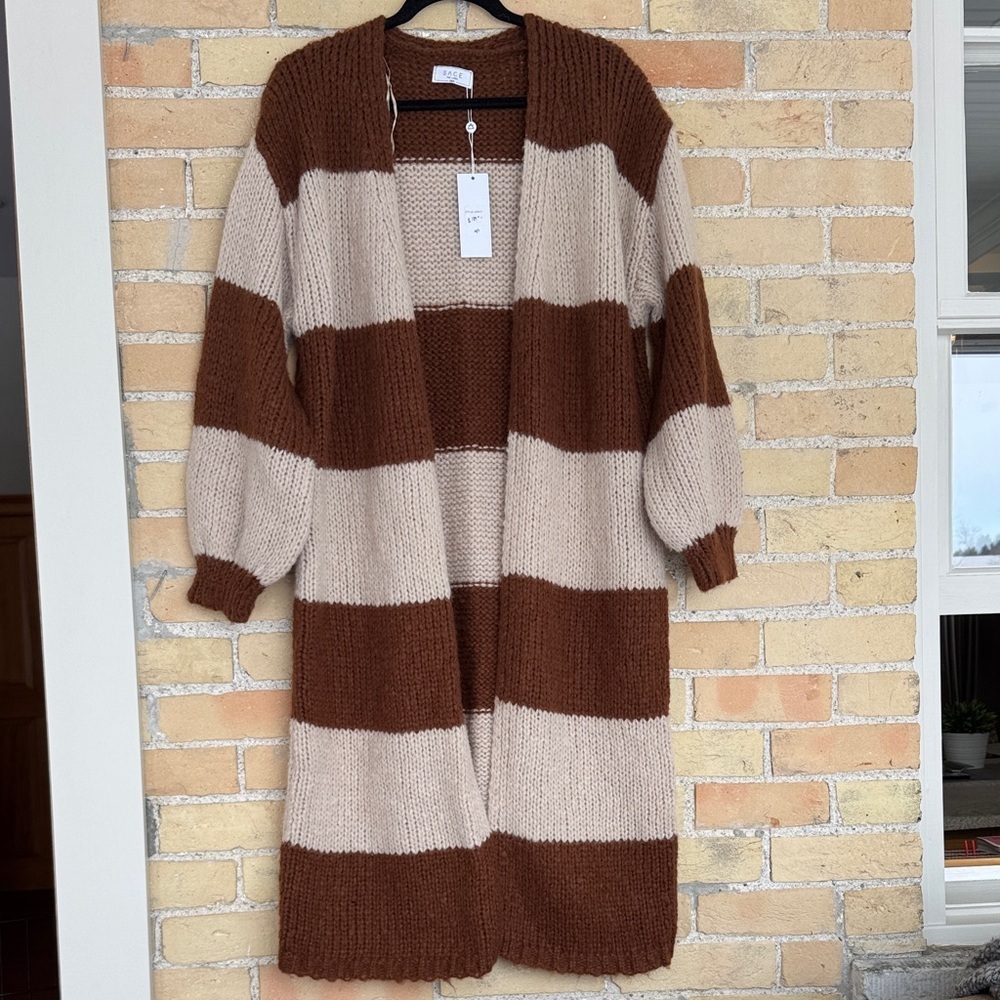 New Sage Brown and Cream Striped Long Cardigan